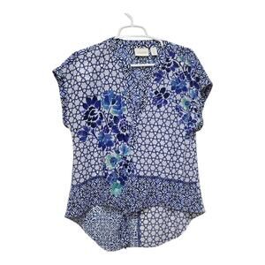 Chico’s Blue Patchwork Floral Mosaic Tie Front Blouse Small